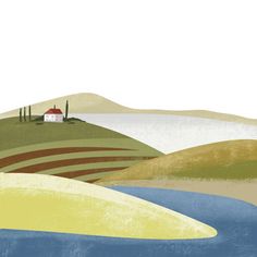 an illustration of a house on a hill with a river running through it and hills in the background