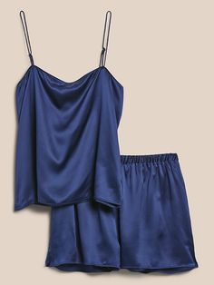 Silk Sleepwear For Summer Lounging, Silk Camisole Sleepwear For Loungewear, Silk Sleepwear For Summer Pajama Party, Silk Sleepwear Sets For Summer, Summer Silk Sleepwear For Night, Silk Sleepwear Aesthetic, Sleepwear Aesthetic, Silk Pj Set, Navy Blue Pajamas