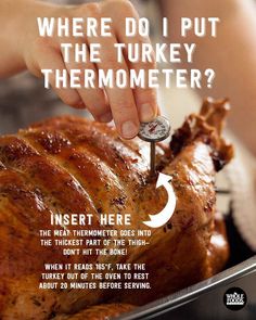 a turkey being cooked in a roaster with the words where do i put the turkey thermometer?