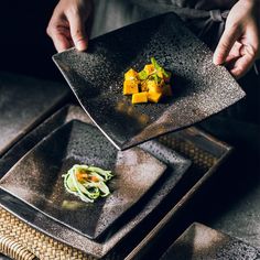 two plates with food on them being held by someone's hands over the plate