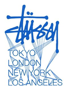 the tokyo new york los angeles poster is shown in blue and white, with an artistic font