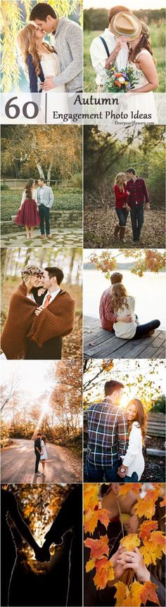 an image of some people in the fall with leaves on them and text that reads go autumn engagement photo ideas