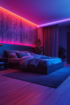 a large bed sitting in a bedroom next to a purple and red light on the wall