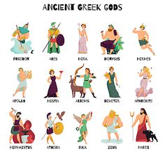 ancient greek gods and goddesss with their names in the style of flat design on white background