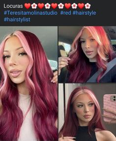 Red Violet And Pink Hair, Red Pink Ombre Hair, Cherry Red Hair With Highlights, Two Toned Pink Hair, Blue Eyes Fair Skin Hair Color Ideas, Valentines Hair Color, Maroon And Pink Hair