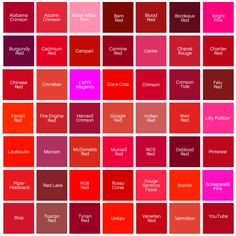 many shades of red and pink are shown in this color chart with the names on them