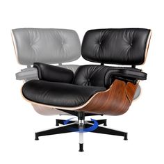 the eames chair and ottoman is made from black leather with an oak wood finish