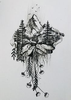 a black and white drawing of mountains with trees