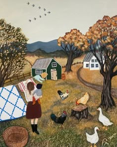 a painting of a woman feeding chickens in a field