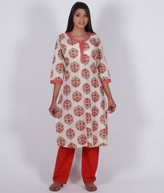 Saheli Block Print Style Hand Embroidered Pure Cotton Kurta Tunic; Mad – Ayurvastram Printed Motifs Tunic Set, Traditional Navratri Tunic With Printed Motifs, Bohemian Salwar Kameez With Block Print, Festive Printed Straight Kurta Tunic, Festive Straight Kurta Printed Tunic, Festive Cotton Kurta With 3/4 Sleeve, Casual Long Sleeve Cotton Salwar Kameez, Casual Block Print Straight Kurta Set, Casual Block Print Kurta Set