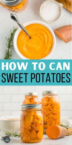 jars filled with sweet potatoes and carrots next to spoons on a counter top