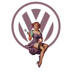 a woman sitting on the back of a volkswagen logo