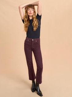 The Meredith Jean is that perfect friend you can't live without. From boots to Birkenstocks, this flattering, high rise, cropped, flare jean makes you l... Relaxed Fit Mid-rise Flare Jeans, Retro Relaxed Fit Mid-rise Flare Jeans, Everyday Mid-rise Flare Jeans With Belt Loops, Burgundy Jeans Outfit, Fall Mid-rise Flare Jeans With Frayed Hem, Trendy Non-stretch Cropped Flare Jeans, Flare Jeans And Boots, Princess Highway, Burgundy Jeans