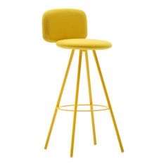 a yellow bar stool with a backrest and foot rests on a white background,