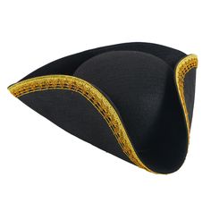 a black hat with gold trim on it