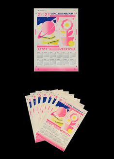 several flyers are stacked on top of each other in front of a black background,