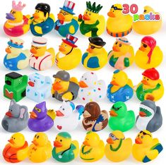 many rubber ducks with hats and clothes on them