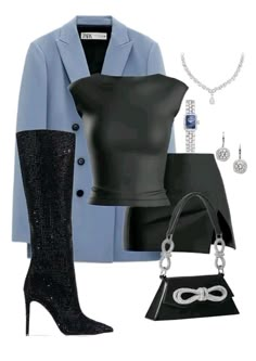 a woman in black and blue outfit with high heeled boots, jacket and handbag