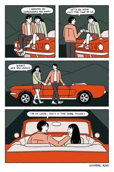 a comic strip with an image of two people shaking hands in front of a red car