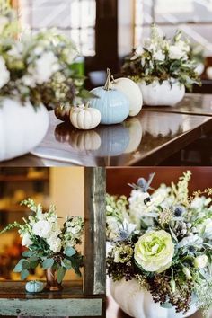 white pumpkins and greenery in vases on a table with other fall decorations