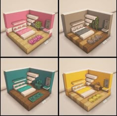 four different views of a bedroom with various colors and furniture, including a small bed