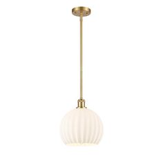 a light fixture with a white glass ball hanging from it's brass metal rod