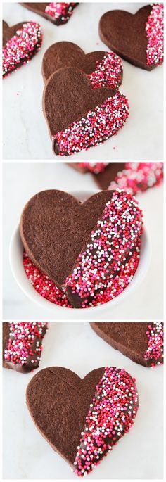 the process of making heart shaped cookies with sprinkles and chocolate frosting