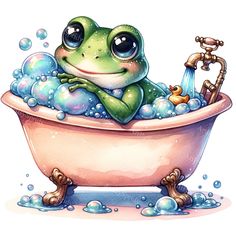 a frog is sitting in the bathtub with bubbles