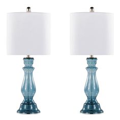 pair of blue glass table lamps with white shade