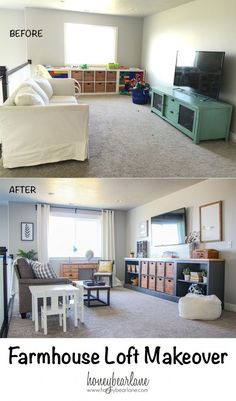 the before and after pictures of a living room makeover with furniture, bookshelves, and other items