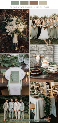 wedding color palettes for the bride and groom in green, gray, white and gold