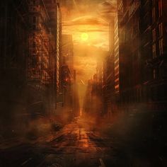 an image of a city street at night with the sun going down in the distance