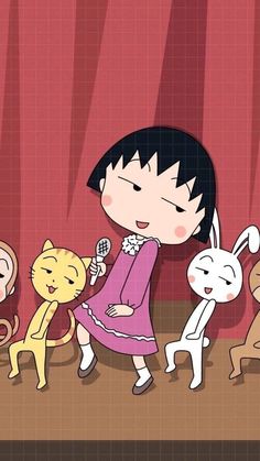 a cartoon girl holding a microphone in front of three cats and a cat on the floor