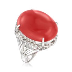 C. 1970 Vintage Red Coral and .15 ct. t.w. Diamond Ring in Platinum. Size 5 | Ross-Simons Diamond Ring Oval, Coral Ring, Coral Jewelry, Ring Oval, Red Coral, Coral Color, Eye Catching Colors, Oval Cabochon, Round Brilliant Cut Diamond