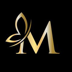 the letter m is made up of gold and silver lines on a black background with an elegant