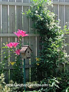 a bird house sitting on top of a wooden pole in the middle of a garden