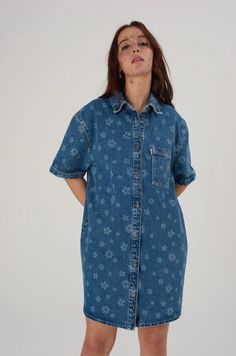 Model wears a size XS Denim blue, floral laser print oversized shirt dress via The Ragged Priest Combat Jeans, Ragged Jeans, Statement Skirt, Oversized Shirt Dress, The Ragged Priest, Ragged Priest, Womenswear Fashion, Dressed To Kill, Festival Dress