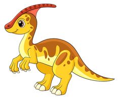 a yellow and brown dinosaur with a red hat on it's head is standing