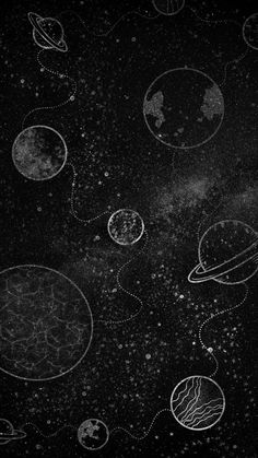 black and white photograph of planets in the sky with stars around them, all drawn by hand