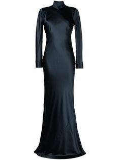 navy blue silk satin finish high neck long sleeves open back floor-length Blue Satin Dress Long, Modest Gowns, Navy Gown, Blue Satin Dress, Blue Evening Gowns, Michelle Mason, Sleeve Gown, Long Sleeve Gown, Wardrobe Edit