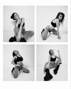 four photos of a woman sitting on the floor with her hands in her hair and wearing jeans