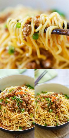 two pictures with noodles and meat in them