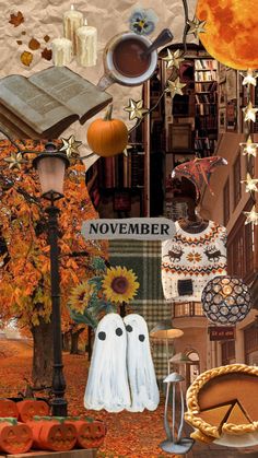 a collage of halloween items including pumpkins, books, and other things to make it look like they are floating in the air