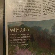 a newspaper article about art with an image of trees and flowers in the back ground