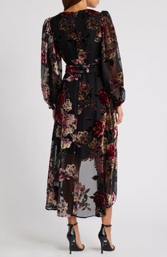 A floral-burnout design brings intrigue and texture to this high-low cocktail dress framed by voluminous long sleeves. 40 1/2" length Back zip closure V-neck Long sleeves with elastic cuffs Lined, except sleeves 80% rayon, 20% rayon Hand wash, dry flat Imported Black High Low Dresses, High Low Cocktail Dress, Floral High Low Dress, Wine Dress, Chiffon Cocktail Dress, Navy Midi Dress, Midi Cocktail Dress, Womens Black Dress, Eliza J