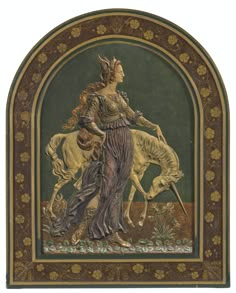 a painting of a woman with a horse and rider on it's back side