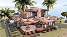 this is an artist's rendering of a modern house on the ocean shore with palm trees