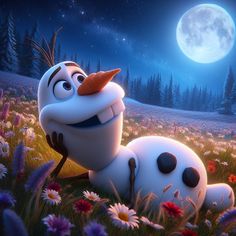 a cartoon character laying on the ground in front of a full moon and stars filled sky