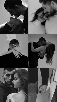 black and white photo collage of two people embracing each other with their arms around one another