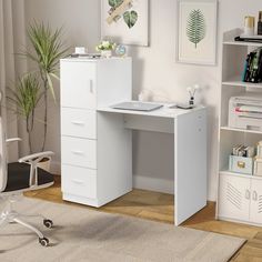 a white computer desk sitting on top of a wooden floor